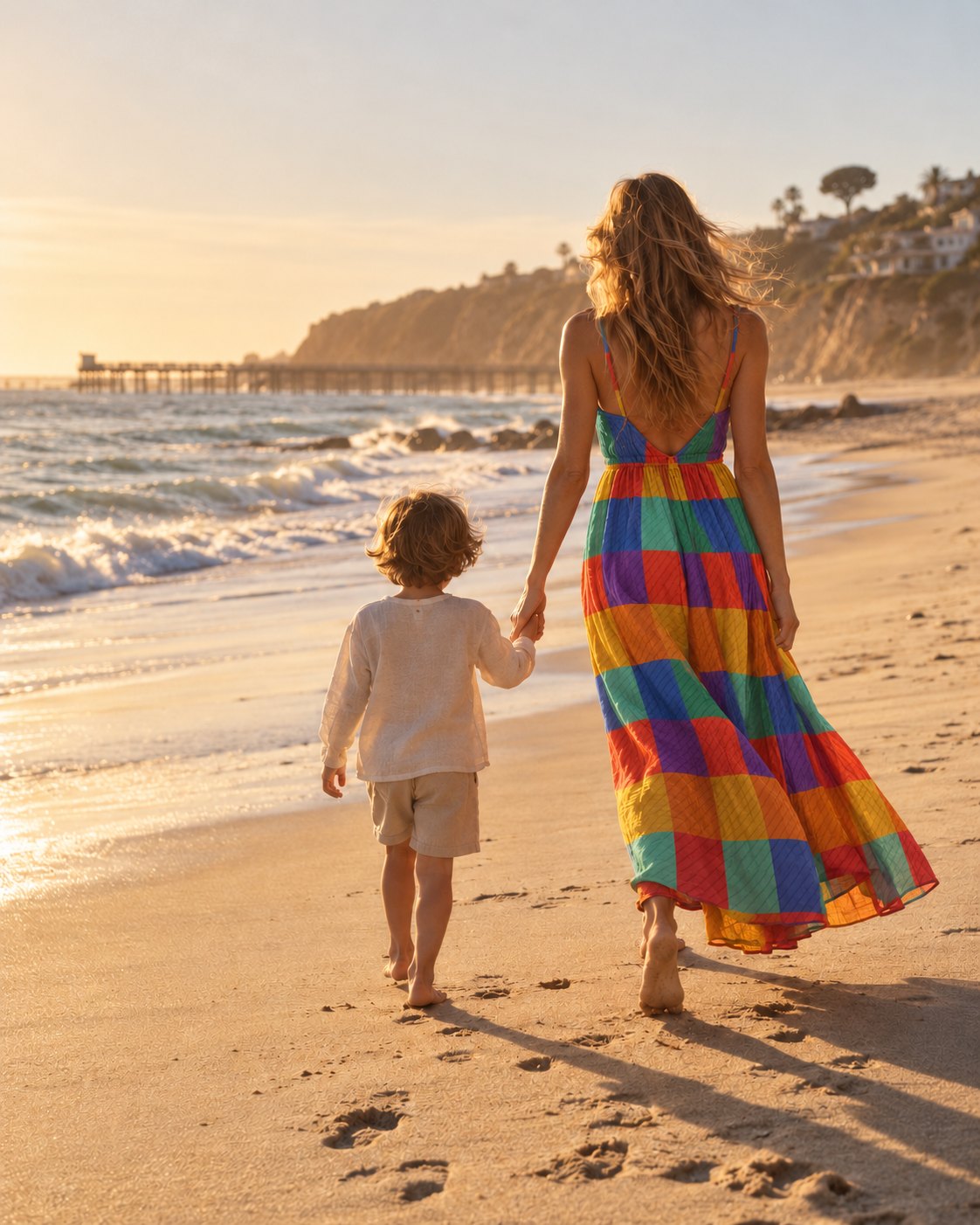 A mother and child walking barefoot along a sunlit California beach
